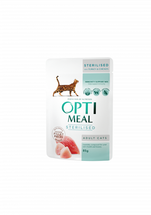 Optimeal Hrana umeda pisici sterilizate -  curcan si pui in sos, set 3+1, 4*0,085kg [2]