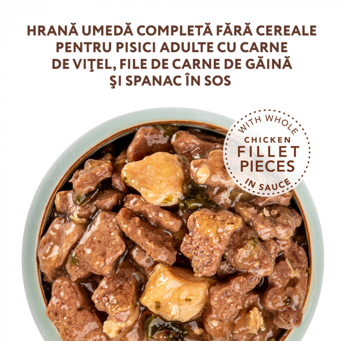 Optimeal Grain Free Hrana umeda pisici adulte - cu Vitel, gaina si spanac in sos, set 12*0,085kg [2]