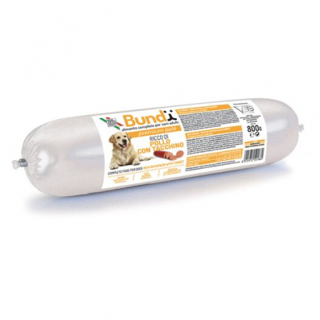 Hrana umeda - BUNDY Premium, salam pentru caini, cu pui curcan, 800g