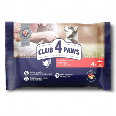 Hrana umeda - Club 4 Paws, Hrana umeda pentru catei, curcan, set 4x85g