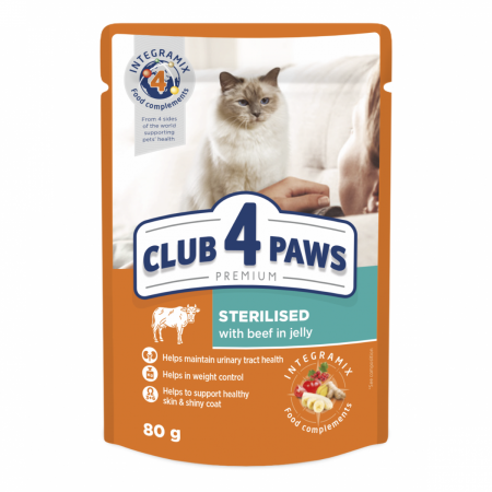 Produse pentru pisici - Club 4 Paws, Hrana umeda pisici sterilizate - cu vita, set 24x80g