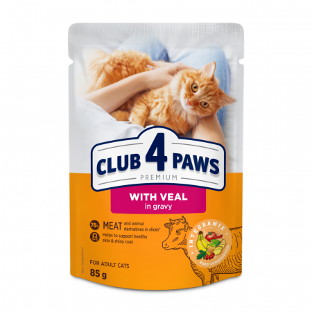 Produse pentru pisici - Club 4 Paws, Hrana umeda pisici, vitel in sos, set 24x85g