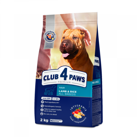 Club 4 Paws, Hrana uscata caini adulti de talie medie, miel si orez, 2kg