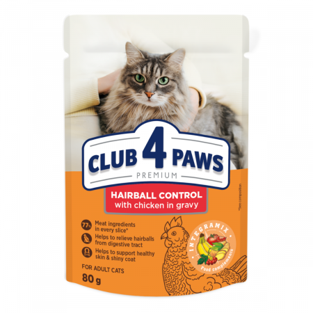 Hrana umeda - Club 4 Paws Premium, Hairball control, Hrana umeda pisici, pui in sos, 24x80g