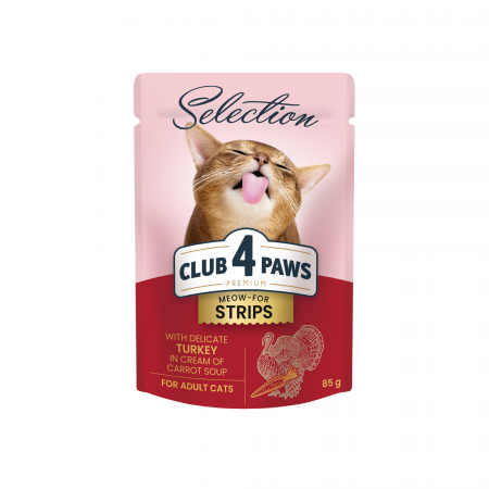 Produse pentru pisici - Club 4 Paws Premium, Selection, Hrana umeda pentru pisici - Stripsuri de curcan in supa crema de morcovi, 12x85g