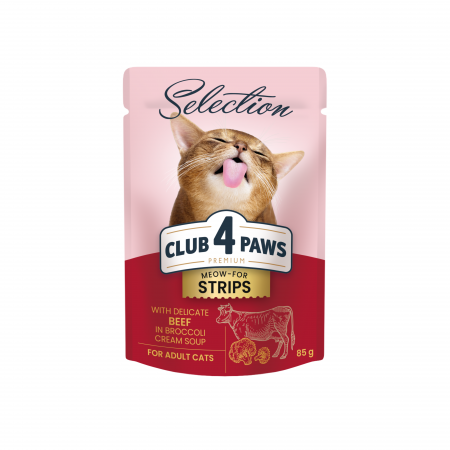 Produse pentru pisici - Club 4 Paws Premium, Selection, Hrana umeda pentru pisici - Stripsuri de vita in supa crema de broccoli, 12x85g