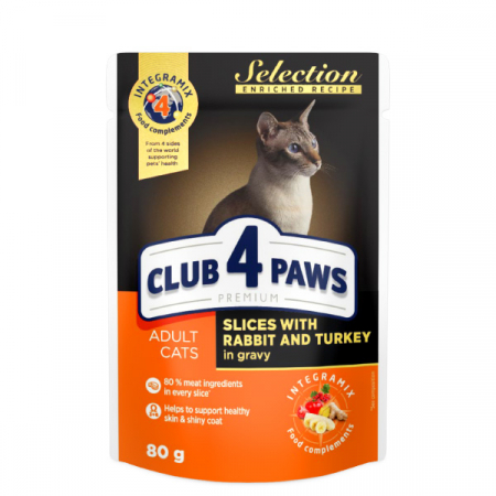 Produse pentru pisici - Club 4 Paws Selection Hrana umeda pisici - Bucati de carne de iepure si curcan sos, set 24*80g