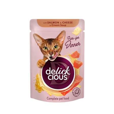 Produse pentru pisici - DELICKCIOUS, Stripsuri cu somon si cascaval in supa crema, pentru pisici, 85g