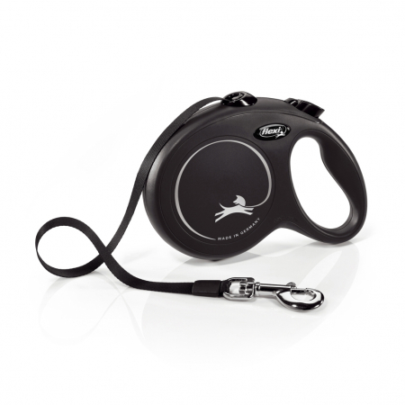 Produse pentru caini - Lesa retractabila cu banda de 5m, neagra, L,  Flexi New Classic