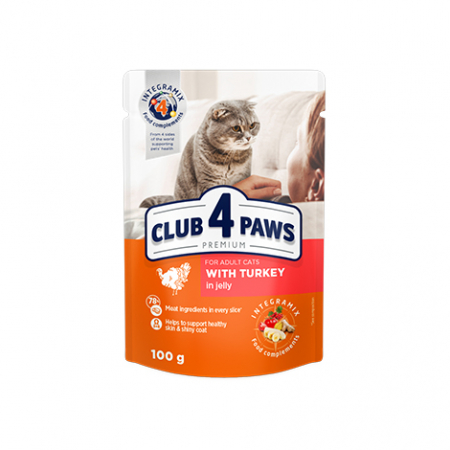 Produse pentru pisici - Club 4 Paws, Hrana umeda pisici adulte - curcan in jeleu, set 24x100g