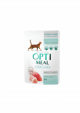 Optimeal Hrana umeda pisici sterilizate -  curcan si pui in sos, set 3+1, 4*0,085kg [1]