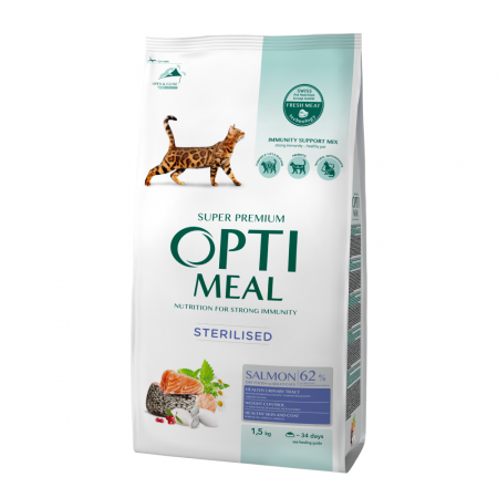 Hrana uscata - Hrana uscata completa Optimeal pentru pisici sterilizate - cu somon, 1,5 kg