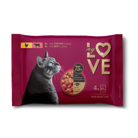 Produse pentru pisici - My Love, Hrana umeda pisici -Duo: Pui, Vita in sos, set 4x85g