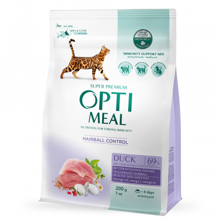 Hrana uscata - Optimeal, Hairball Control, Hrana uscata pisici adulte, cu Rata, 200g