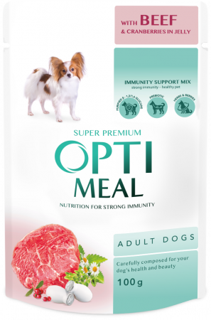 Optimeal Hrana umeda caini adulti, cu vita si merisoare in jeleu, 12x0,1 kg