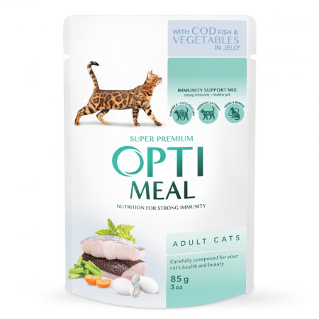 Optimeal Hrana umeda pisici adulte - Cod si legume in jeleu, set 12*0,085kg