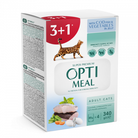 Produse pentru pisici - Optimeal Hrana umeda pisici adulte - Cod si legume in jeleu, set 3+1, 4*0,085kg