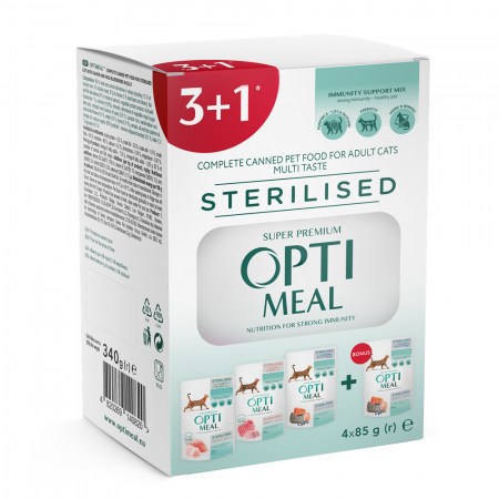 Produse pentru pisici - OPTIMEAL, Hrană umedă pisici sterilizate, diferite arome, 3+1