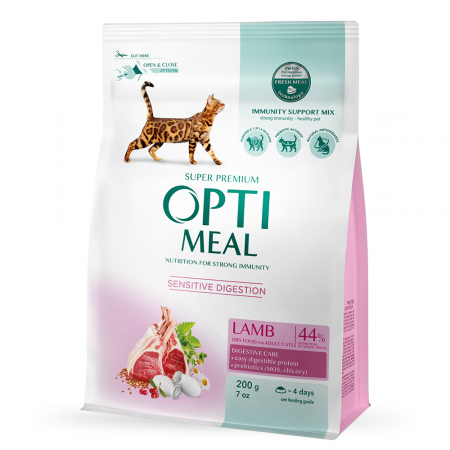 Hrana uscata - Optimeal, Sensitive, Hrana uscata pisici adulte cu digestie sensibila, Miel, 200g