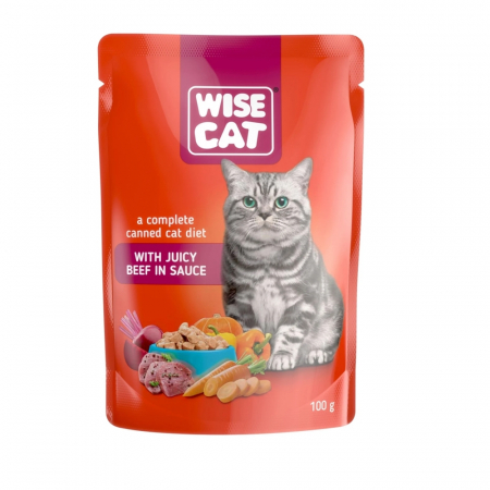 Produse pentru pisici - Wise Cat, Hrana umeda la plic pentru pisici adulte, cu vita