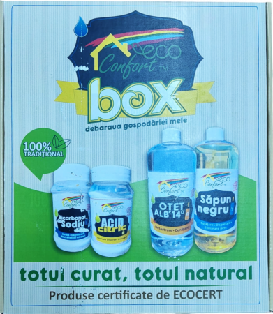 Curatenie Traditionala - CUTIE ECO CONFORT, 4 PRODUSE- Bicarbonat de sodiu, 500g, Acid citric anticalcar și antirugină, 400g, Otet alb concentrat 14% pentru menaj, 1L, Săpun Natural Negru pentru curățenie universală, 1L