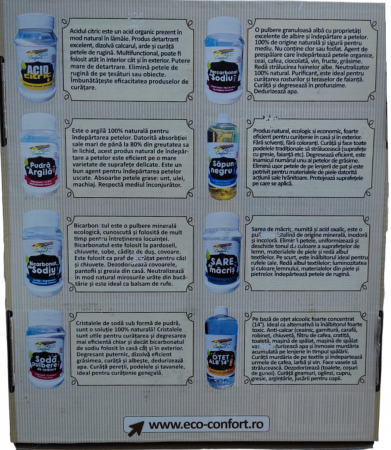 CUTIE ECO CONFORT, 4 PRODUSE- Bicarbonat de sodiu, 500g, Acid citric anticalcar și antirugină, 400g, Otet alb concentrat 14% pentru menaj, 1L, Săpun Natural Negru pentru curățenie universală, 1L [1]