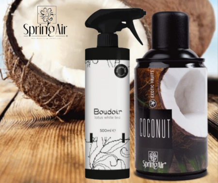 % REDUCERI ODORIZANTI SI NEUTRALIZATORI PENTRU MIROS - Pachet Odorizare Coconut/Lotus White Tea -Rezerva odorizanta 250ml+Odorizant ambiental 500ml