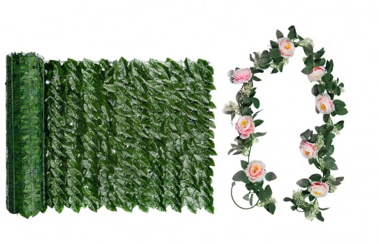Set Gard Paravan Viu cu Frunze Artificiale, Verde Inchis, 300cm x 100 cm + 1 Ghirlanda cu Trandafiri