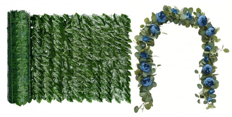 Set Gard Paravan Viu cu Frunze Artificiale, Verde Inchis, 300cm x 100 cm + 1 Ghirlanda cu Trandafiri