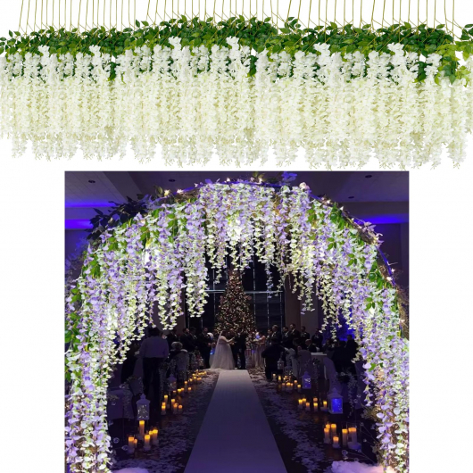 Set 12 plante Artificale, Matase/Plastic, Alb/Verde