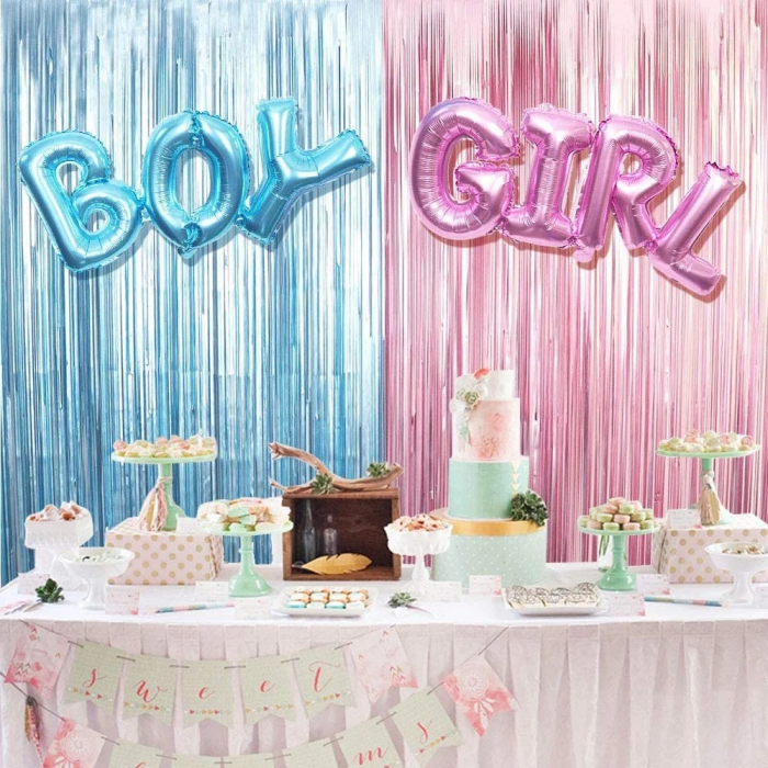 Set 2 bucati de Perdea Decorativa, din Folie Albastru / Roz Metalizat pentru Petreceri Aniversare si Doua Baloane cu Boy si Girl potrivit pentru Gender Reveal, Baby Shower [2]