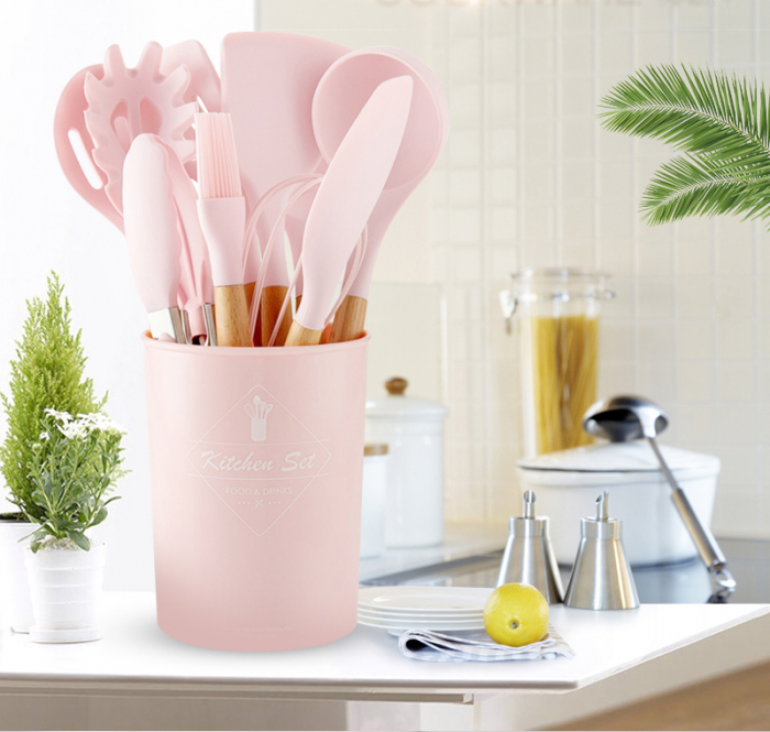Set 12 Ustensile pentru Bucatarie, Piese Lemn si Silicon Alimentar, Termorezistente, Antiaderente, Suport Blat, Roz + CADOU Aparat pentru Prepararea Suculu Fresh, Storcator de Citrice [5]