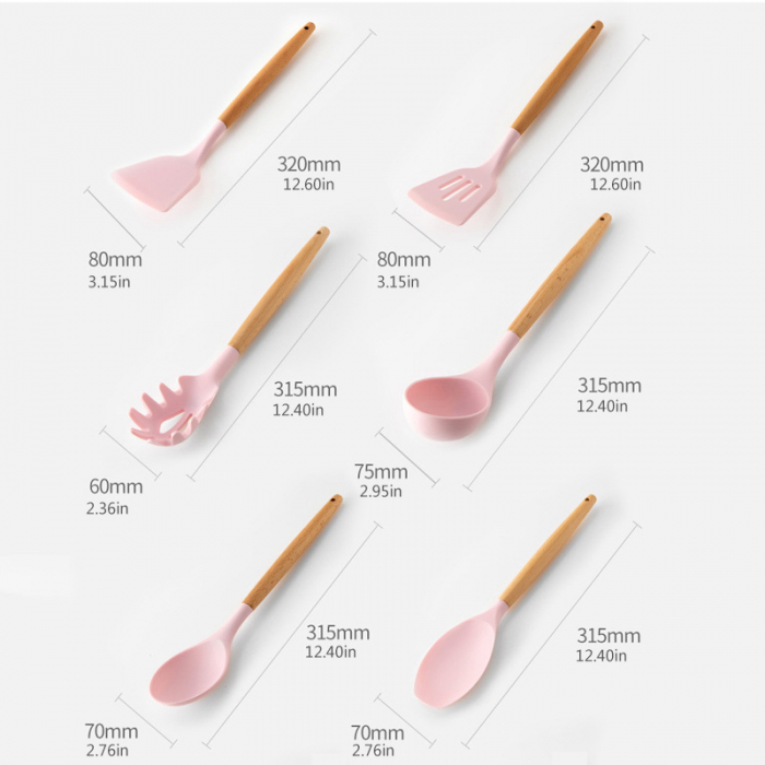Set 12 Ustensile pentru Bucatarie, Piese Lemn si Silicon Alimentar, Termorezistente, Antiaderente, Suport Blat, Roz + CADOU Aparat pentru Prepararea Suculu Fresh, Storcator de Citrice [8]