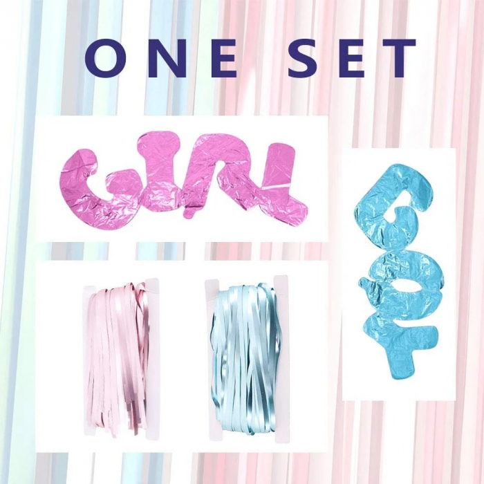 Set 2 bucati de Perdea Decorativa, din Folie Albastru / Roz Metalizat pentru Petreceri Aniversare si Doua Baloane cu Boy si Girl potrivit pentru Gender Reveal, Baby Shower [3]