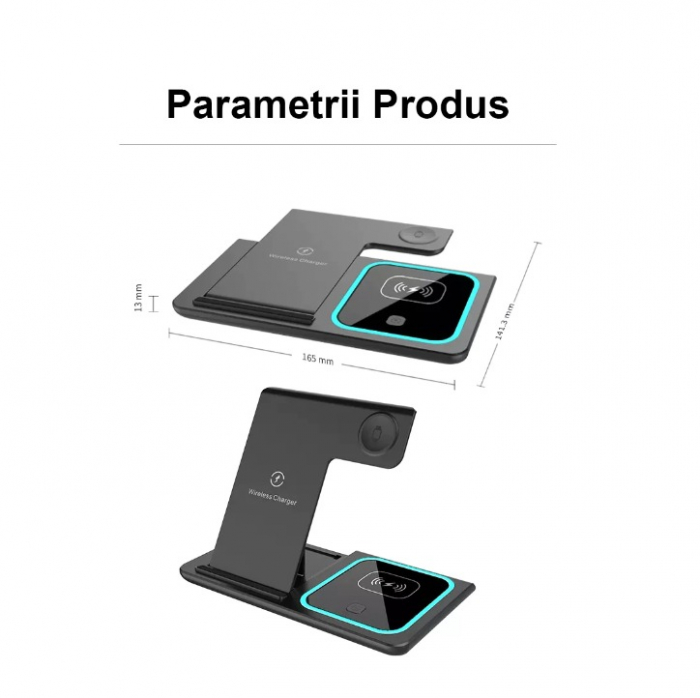 Incarcator Wireless 3 in 1, Fast Charger 15W Incarcare Rapida Compatibil Cu Apple Watch Toate Seriile Airpods Toate Modele si iPhone 14,13,12,11 Android Samsung Huawei Xiaomi Negru [2]