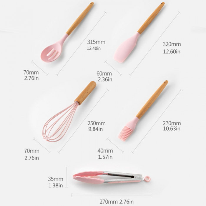 Set 12 Ustensile pentru Bucatarie, Piese Lemn si Silicon Alimentar, Termorezistente, Antiaderente, Suport Blat, Roz + CADOU Aparat pentru Prepararea Suculu Fresh, Storcator de Citrice [7]