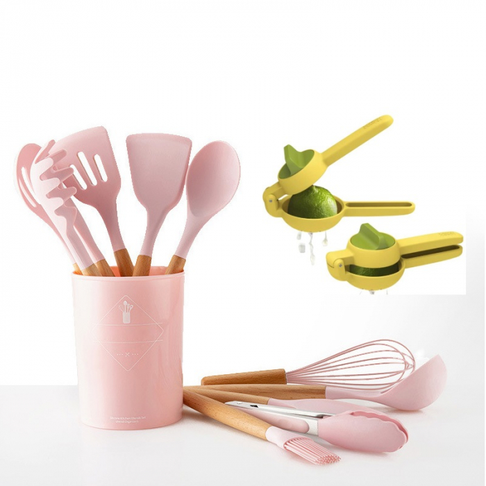 Set 12 Ustensile pentru Bucatarie, Piese Lemn si Silicon Alimentar, Termorezistente, Antiaderente, Suport Blat, Roz + CADOU Aparat pentru Prepararea Suculu Fresh, Storcator de Citrice [1]