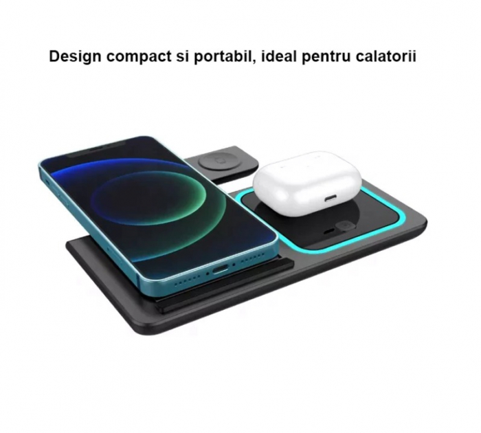 Incarcator Wireless 3 in 1, Fast Charger 15W Incarcare Rapida Compatibil Cu Apple Watch Toate Seriile Airpods Toate Modele si iPhone 14,13,12,11 Android Samsung Huawei Xiaomi Negru [5]