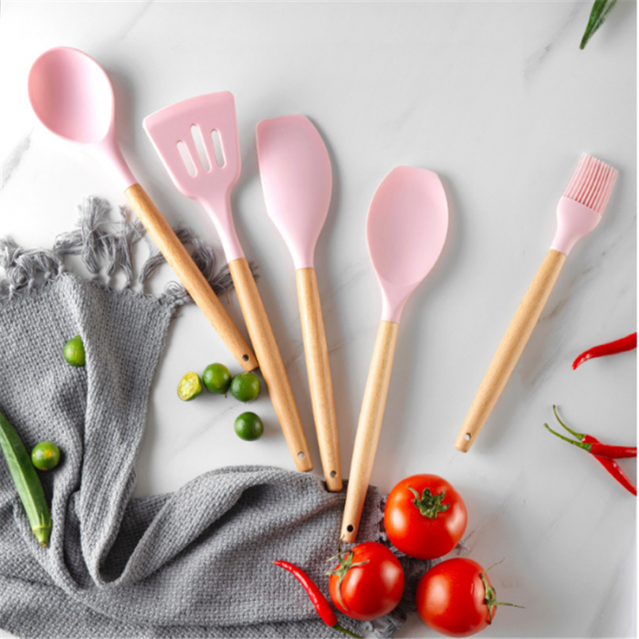 Set 12 Ustensile pentru Bucatarie, Piese Lemn si Silicon Alimentar, Termorezistente, Antiaderente, Suport Blat, Roz + CADOU Aparat pentru Prepararea Suculu Fresh, Storcator de Citrice [4]