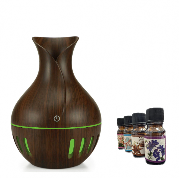 Umidificator Silentios, Potrivit pentru Calatorii, Difuzor Aromaterapie, Rezervor 100 ml, Culoare Lemn Inchis Si 4 Uleiuri Esentiale [1]