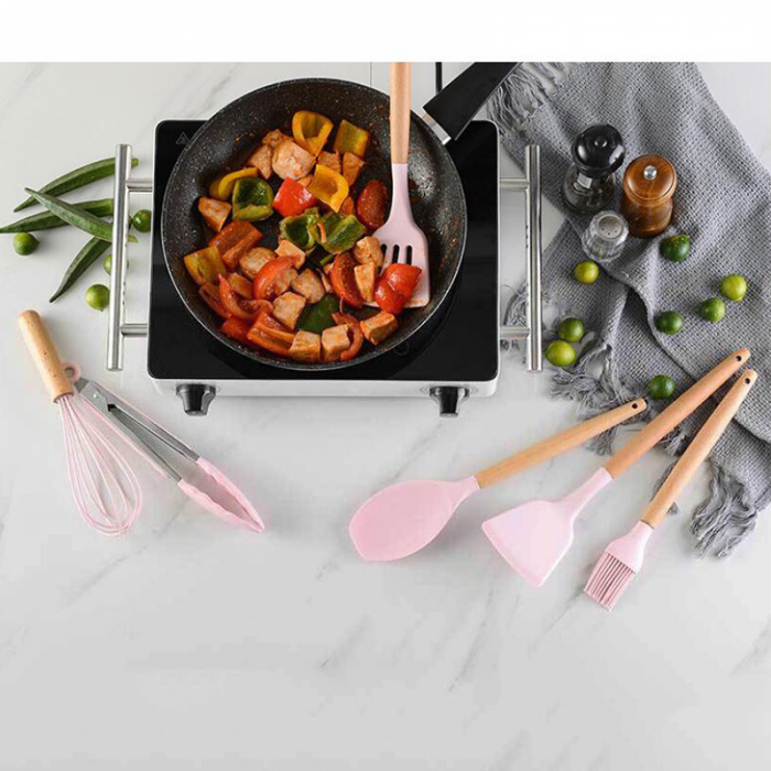 Set 12 Ustensile pentru Bucatarie, Piese Lemn si Silicon Alimentar, Termorezistente, Antiaderente, Suport Blat, Roz + CADOU Aparat pentru Prepararea Suculu Fresh, Storcator de Citrice [6]