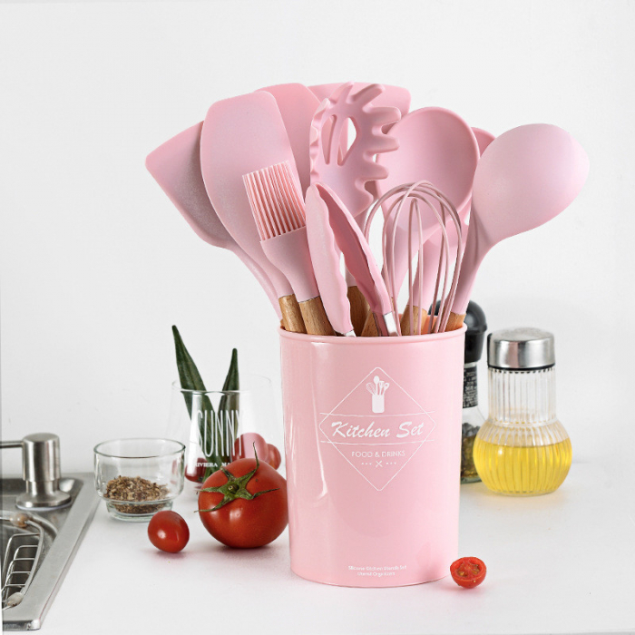 Set 12 Ustensile pentru Bucatarie, Piese Lemn si Silicon Alimentar, Termorezistente, Antiaderente, Suport Blat, Roz + CADOU Aparat pentru Prepararea Suculu Fresh, Storcator de Citrice [2]
