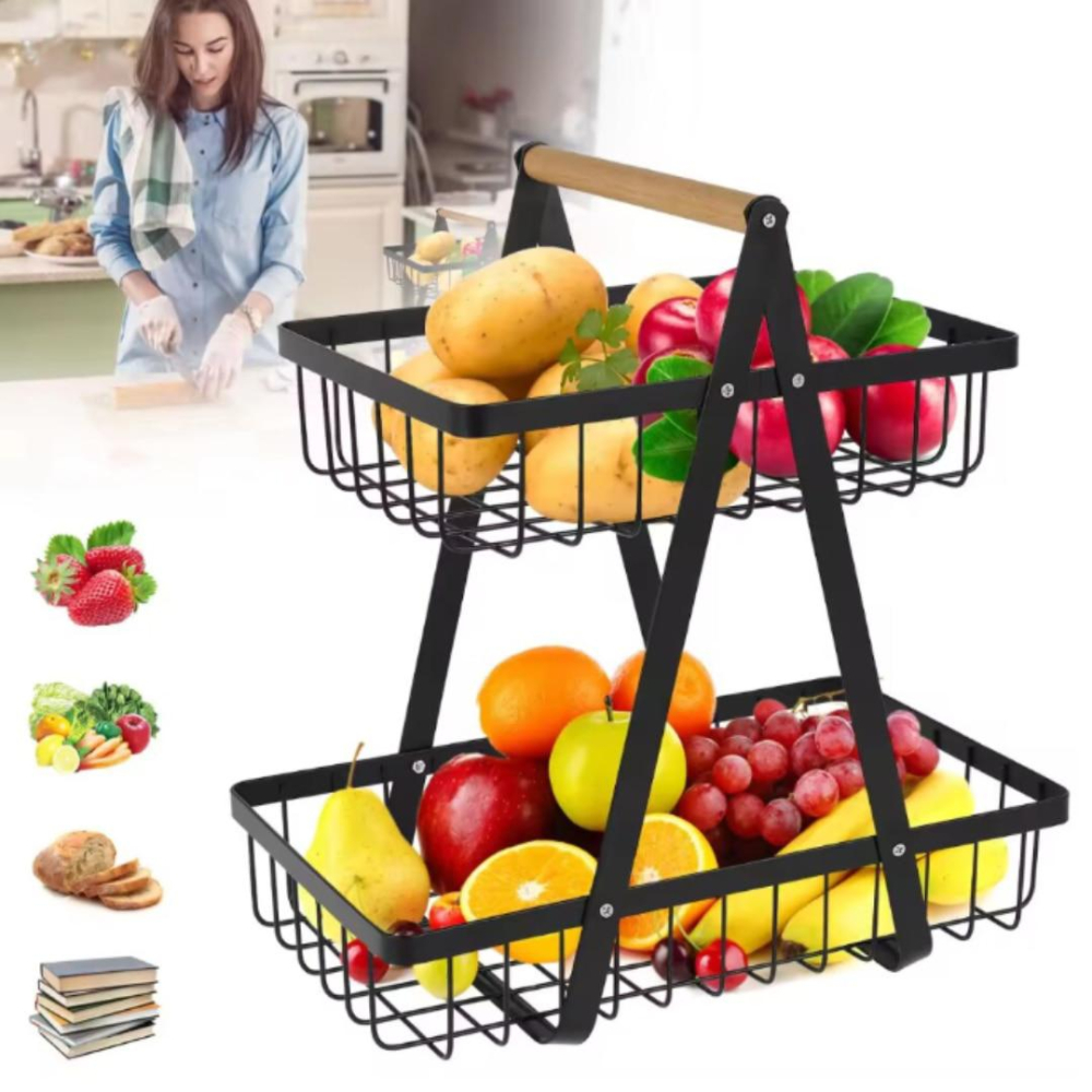 Cos pentru fructe și legume cu 2 etaje, metal negru cu mâner din lemn, stabil [4]