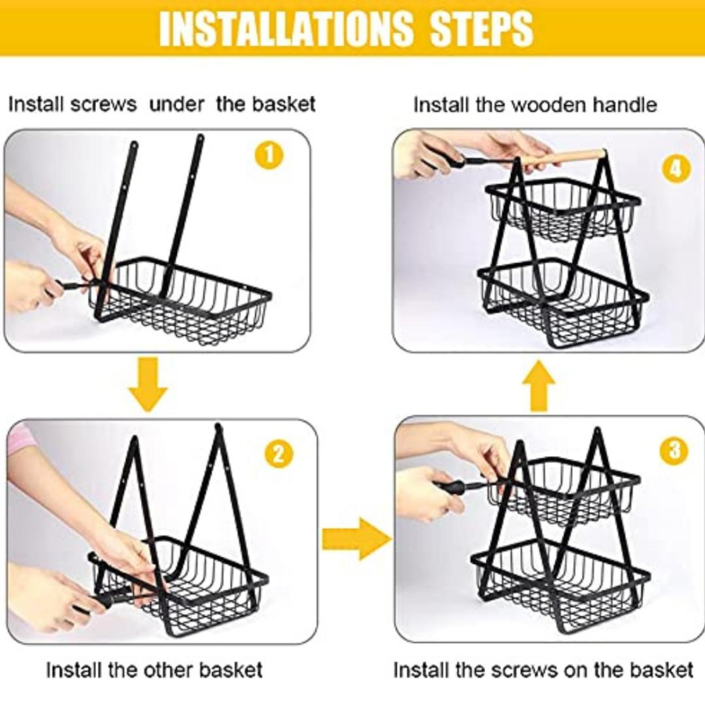 Cos pentru fructe și legume cu 2 etaje, metal negru cu mâner din lemn, stabil [3]