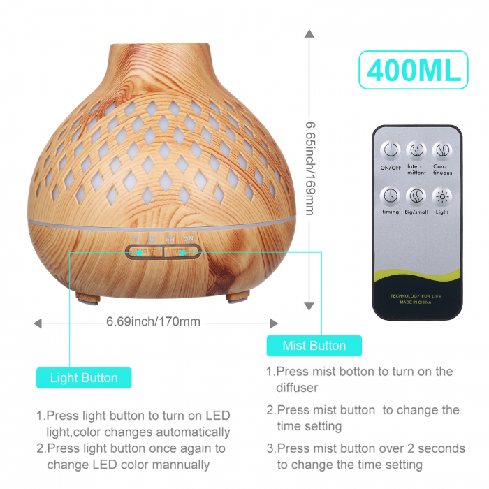 Difuzor de aroma, LED, 400 ml, Silentios, Maro Telecomanda, LED 7 culori, silentios, 400 ml [7]