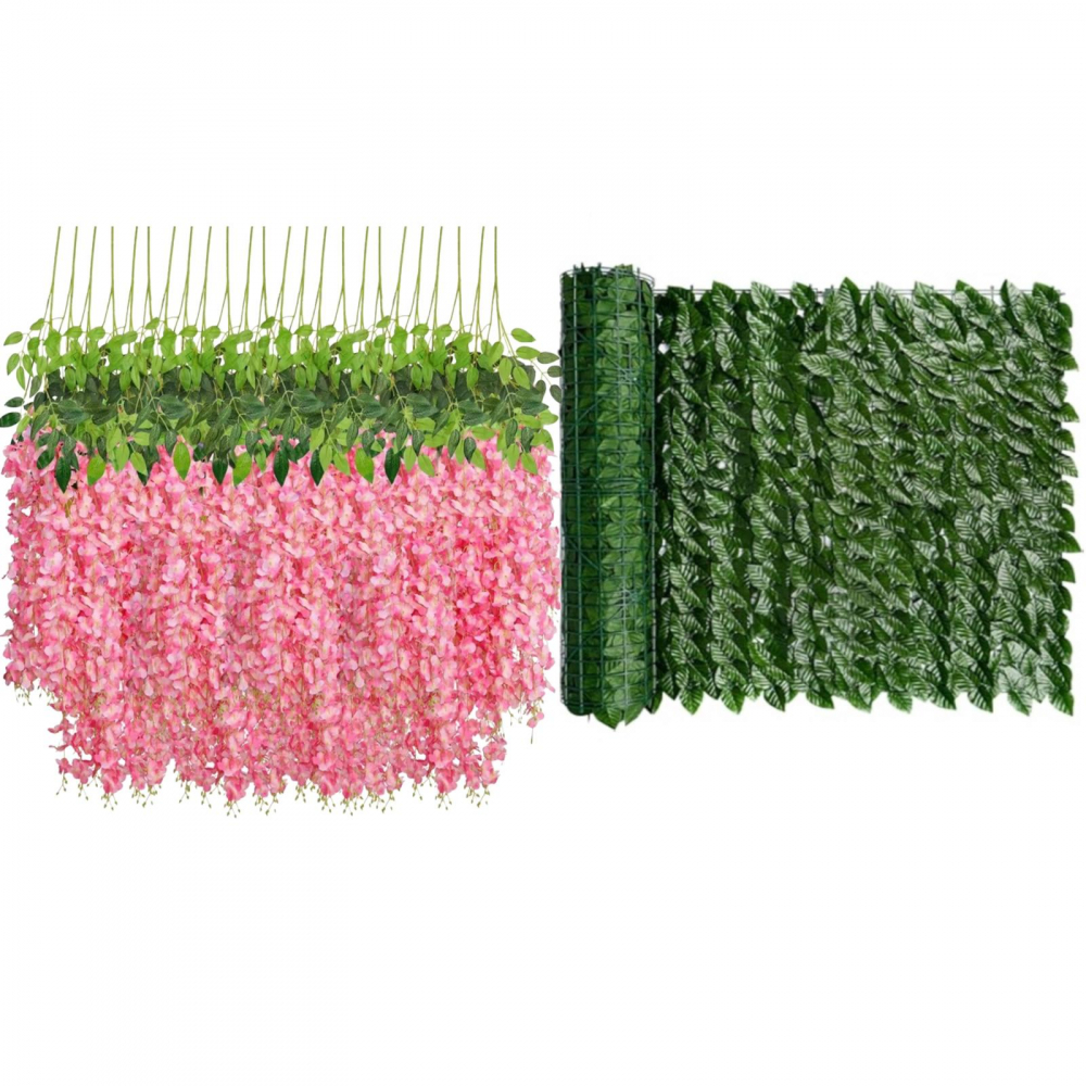 Gard cu frunze artificiale, 300cm x 100 cm + Set 12 bucati planta artificiala curgatoare culoare roz [1]