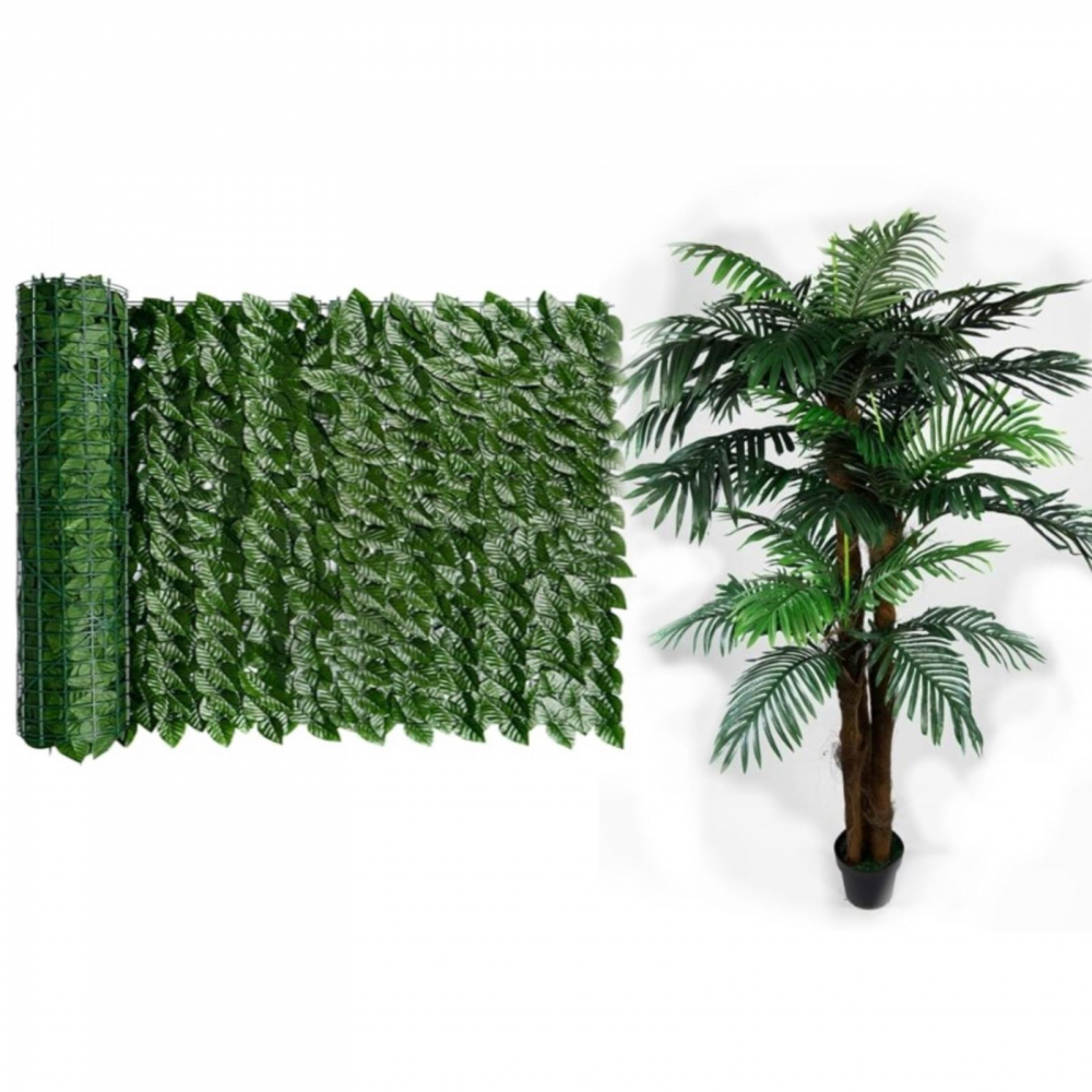 Gard Paravan cu Frunze Artificiale, 300cm x 100 cm + Planta artificială palmier 180 cm [1]