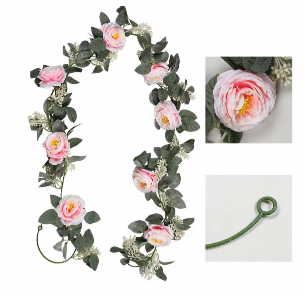 Ghirlanda Flori Artificiale Alb-Roz 175 cm, Decor Plastic pentru Interior și Exterior [2]