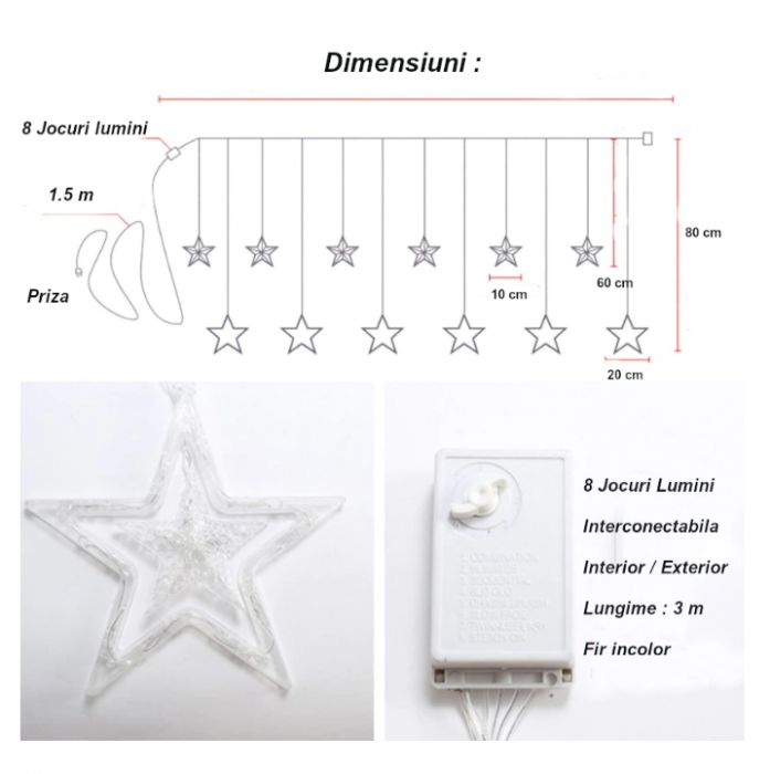 Instalatie de Craciun, Perdea Luminoasa cu Ploaie de Stele, pentru Interior sau Exterior, 3 Metri, Lumini LED, Alb Cald [4]
