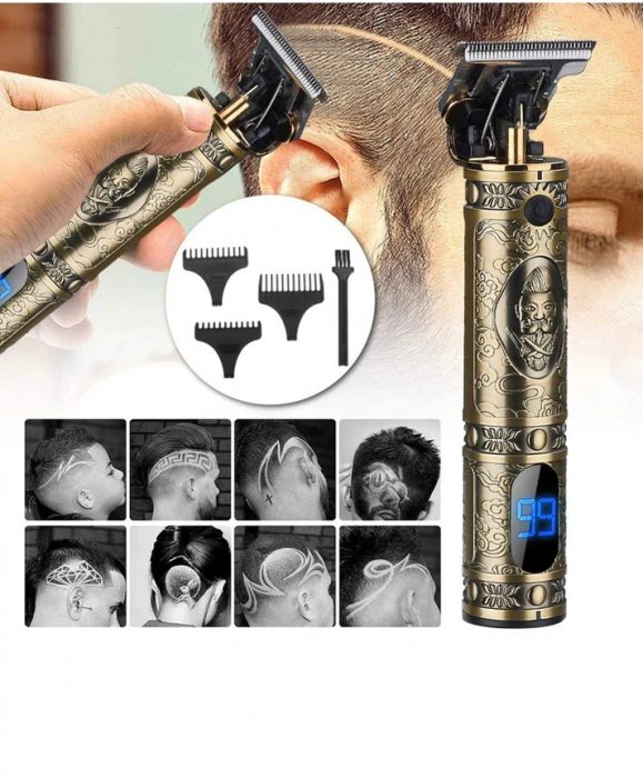 Masina Profesionala de Tuns Barba Si Contur Geemy, cu Afisaj Electronic - Incarcare USB, Lama Titan, Auriu [2]